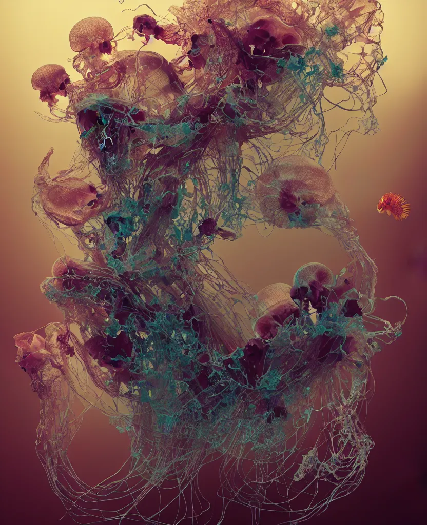 Image similar to composition of human skulls, animals skulls, bones, rib-cage. jellyfish orchids and betta fish, bioluminiscent, intricate artwork by Tooth Wu and wlop and beeple. octane render, trending on artstation, greg rutkowski very coherent symmetrical artwork. cinematic, hyper realism, high detail, octane render, 8k