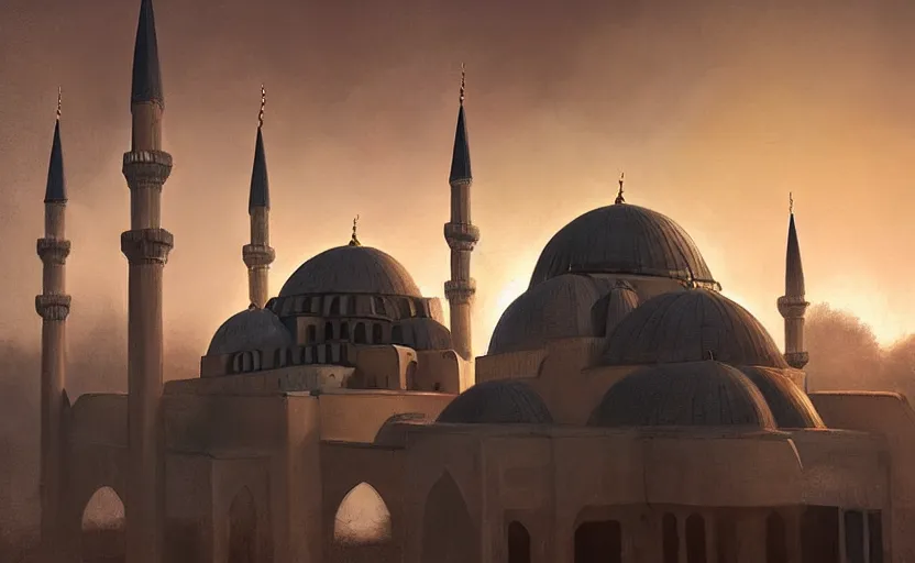 Image similar to painting of a mosque in instanbul at sunset, natural light, concept art, by greg rutkowski, cozy atmospheric and cinematic lighting