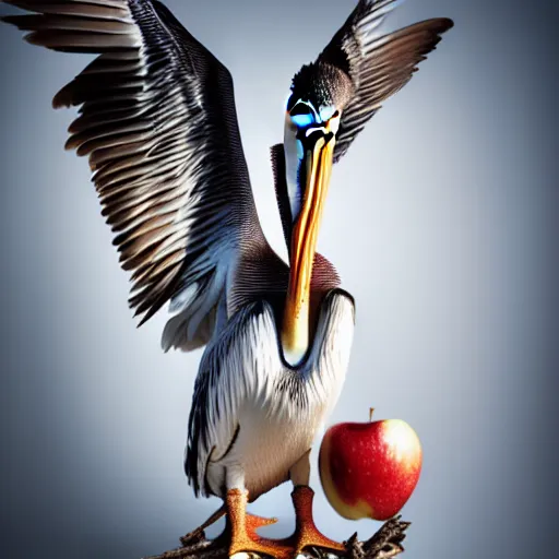 Image similar to pelican named reginald eating a apple with worms coming out of the spine of the apple, studio photography, beautiful lighting