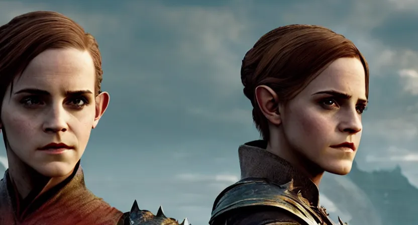 Prompt: promotional image of emma watson as a bald elf in dragon age : inquisition, detailed face, movie still, promotional image, imax 7 0 mm footage