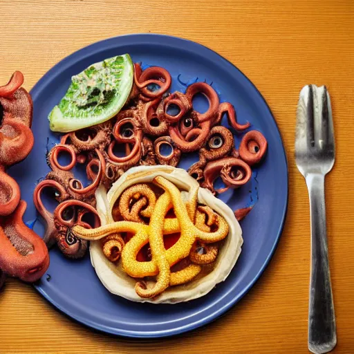 Image similar to octopus made of steel eating fastfood, 5 5 mm