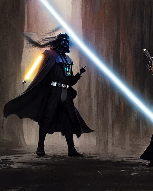 Image similar to ! dream gandalf and darth vader battling with magic and light sabers, greg rutkowski, esuthio, craig mullins, cinematic lighting, gloomy