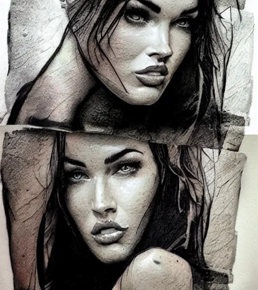 Image similar to realism tattoo sketch of a megan fox face in a double exposure effect with mountain scenery, in the style of matteo pasqualin, amazing detail, sharp, faded