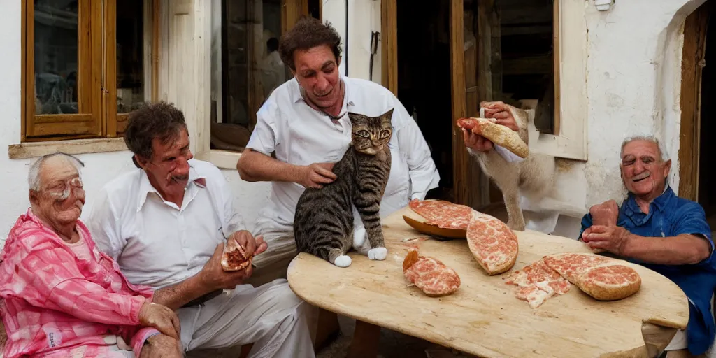 Prompt: cats sharing their mortadella with owner at a trullo house, photoreal, 3 5 mm, award winning photography