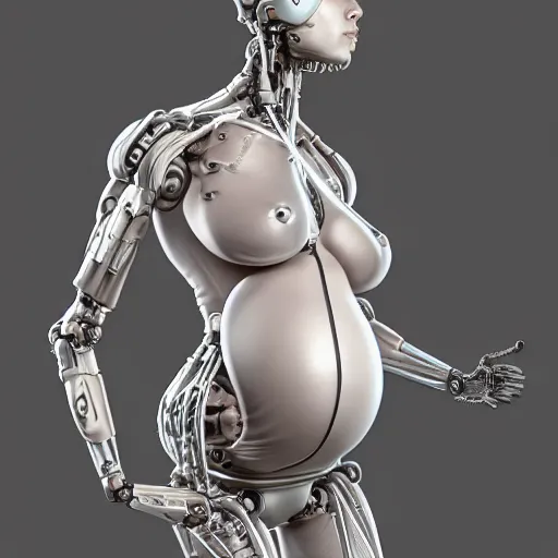 Image similar to pregnant female humanoid cyborg consisting of human parts and robot parts, 8 k, highly detailed, realistic, refined, bautiful, fine art photography, hyper realistic, photo realistic, elegant, sharp focus, majestic, award winning picture, intricate, artstation,