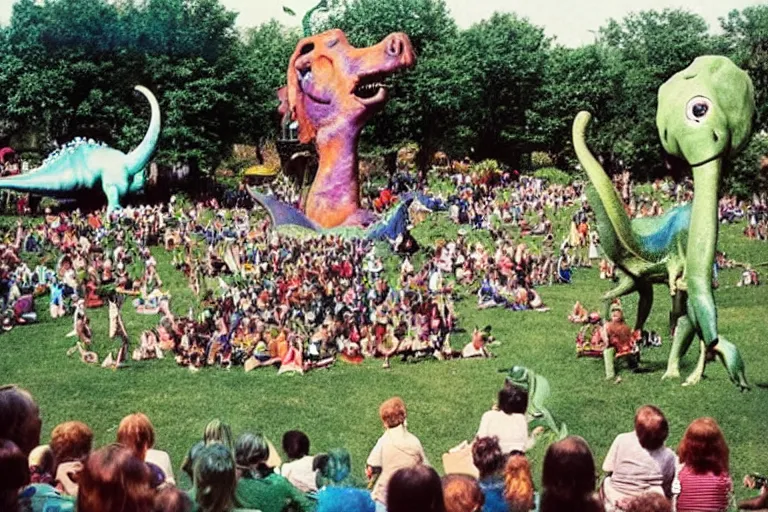 Prompt: full - color 1 9 7 0 photo of : view from a back porch of a lawn with a giant doing cartwheels, a statue wearing high - heels, happy creatures dancing, a dinosaur - victrola, tambourines and elephants playing in the band, a magician summoning a wondrous apparition, and people riding on a flying spoon.