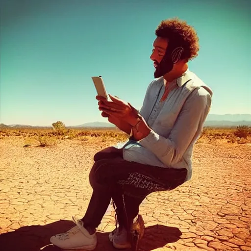Prompt: “an australopiteco chatting WhatsApp in a desert”