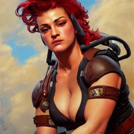 Image similar to detailed portrait of zarya from overwatch, intricate, hyper detailed, realistic, oil painting, by julie bell, frank frazetta, cinematic lighting