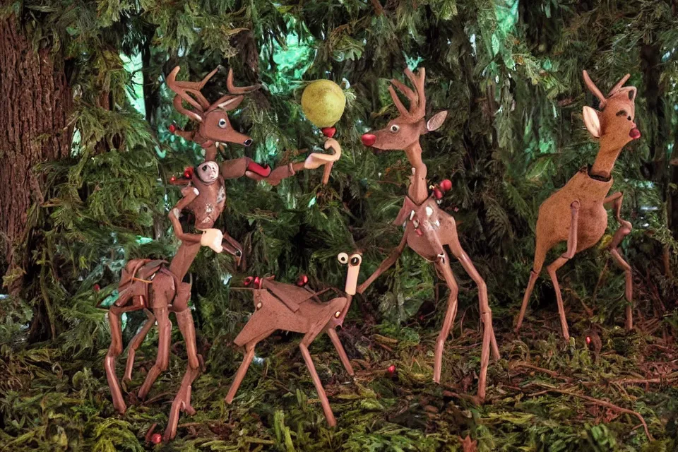 Image similar to a breathtaking claymation film still of a deer and a robot in the forest. claymation by bruce bickford