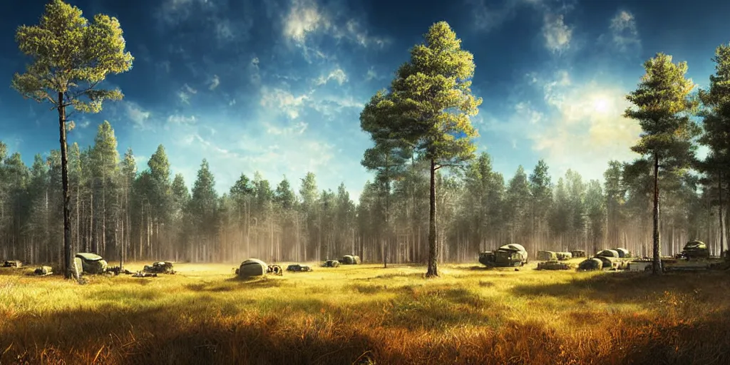 Prompt: army camp in a field near a pine forest, blue sky, sunny, detailed, volumetric, cinematic lighting, realistic, digital art by greg rukowski