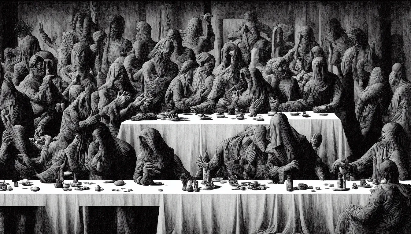 Image similar to colorful!!! the last supper by rene magritte, futuristic by laurie greasley and bouguereau, ( ( etching by gustave dore ) ), cyberpunk, ultraclear intricate, sharp focus, highly detailed digital painting illustration, concept art, masterpiece