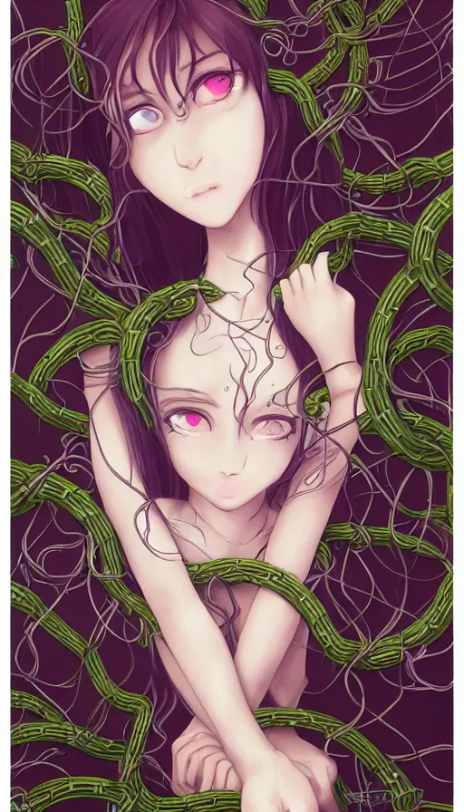 Image similar to very detailed portrait of a 2 0 years old girl surrounded by tentacles, the youg woman visage is blooming from fractal and vines, by gainax co,