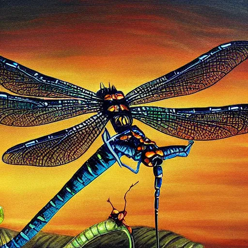 Image similar to the dragonflies rule over the earth, a detailed painting, horror