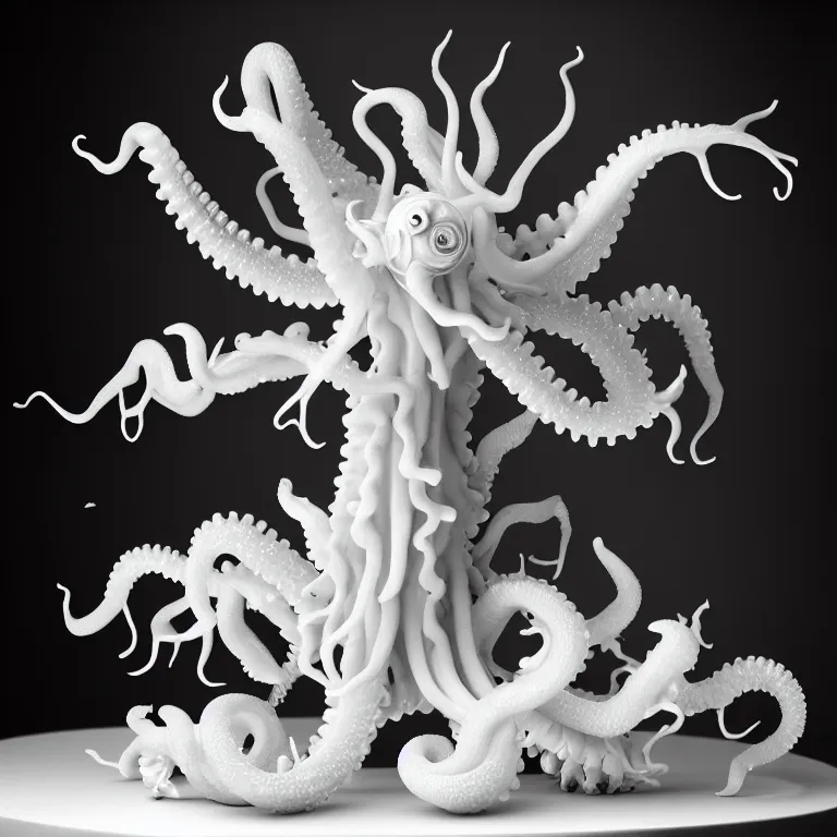 Image similar to still life of white flowers on a table, white alien squid, white octopus, , surreal alien ribbed white fruit, white human spine, baroque painting, beautiful detailed intricate insanely detailed octane render trending on Artstation, 8K artistic photography, photorealistic, chiaroscuro, Raphael, Caravaggio beautiful BW monochrome