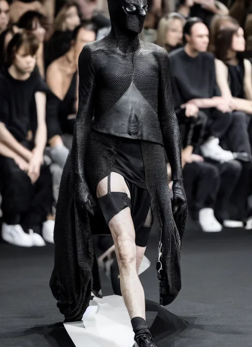 Image similar to hyperrealistic and heavy detailed rick owens avant garde runway show of batman, leica sl 2 5 0 mm, vivid color, high quality, high textured, real life