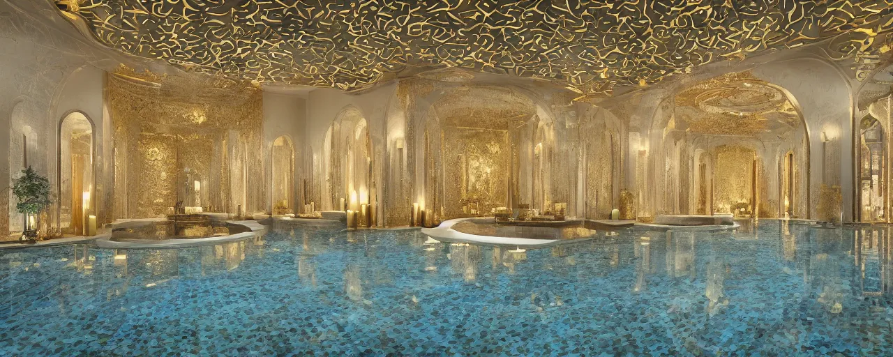 Image similar to interior of a double height luxury spa with everything made of gold, candles, marble floor, wellness pool, intricate detailed roof, contemporary design, sacred geometry, 8 k, hyperrealistic, photorealism, view to wadi al disah mountains