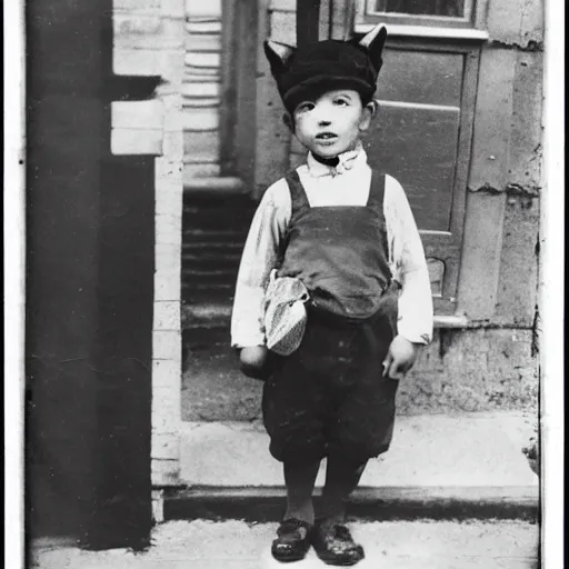 Prompt: a boy with cat ears newsboy