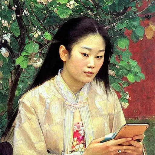 Image similar to portrait of asian beautiful woman with smartphone masterpiece painting by vasnetsov and surikov, JEAN-VICTOR BERTIN, by Terence Cuneo, detailed, t artfully traced