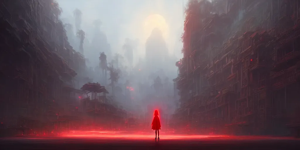 Image similar to a lost city with a loli in red standing in the middle of the road, 4 k resolution, ultra detailed, matte oil painting, mysterious, artstation, art by greg rutkowski