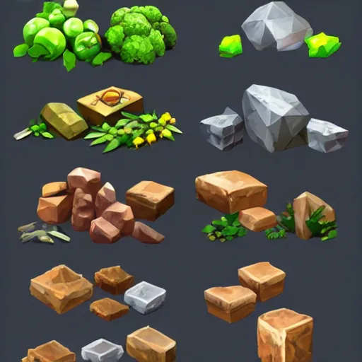 Image similar to Set of high quality HD sprites, low poly, vegatation, stones, tools, monuments