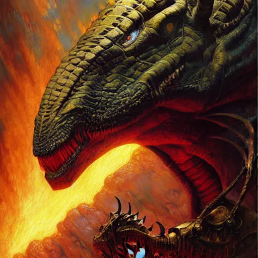 Image similar to portrait of sauron the dinosaur mutant from xmen. shadowrun furaffiniy cyberpunk fantasy highly detailed painting by gaston bussiere craig mullins jc leyendecker gustav klimt artgerm greg rutkowski john berkey, bergey, craig mullins, ruan jia, raymond swanland, jeremy mann, tom lovell, alex malveda