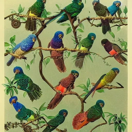 Prompt: beautiful elegant ernst haeckel!!!! illustration of many green cheek conures!!!!!! and flowers, ( green cheek conure ) ( green cheeked parakeet ) ( pyrrhura molinae )