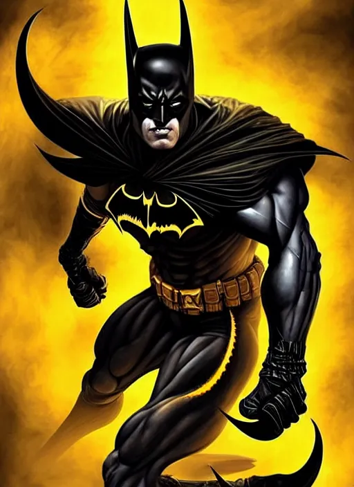 Image similar to portrait of aggressive demonic damned batman, d & d, muscular! athetic slim bodybuilder, yellow and black color scheme, futuristic, sci fi, dynamic pose, fantasy, intricate, elegant, highly detailed, digital painting, artstation, concept art, smooth, sharp focus, illustration, art by artgerm and greg rutkowski and alphonse mucha