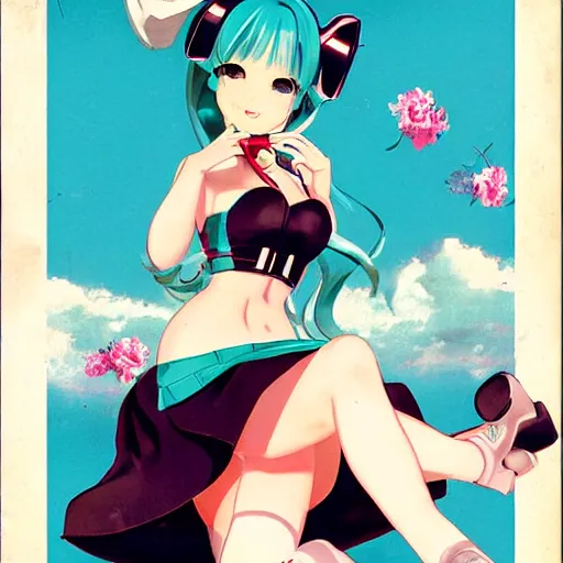 Image similar to Hatsune Miku full body pin up modeling in idol unioform, with a park in the back ground, post war style, detailed face, american postcard art style, by Gil Elvgren