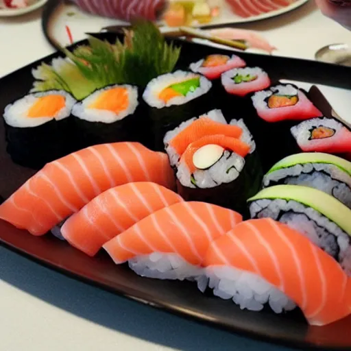 Prompt: large plate with sushi rolls, sashimi, intricate, detailed