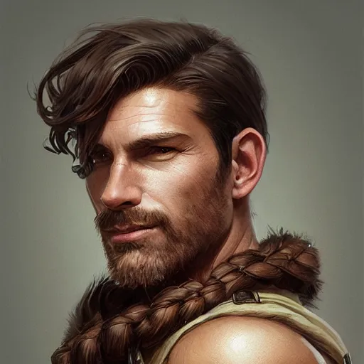 Image similar to portrait of a young, ruggedly handsome scout, soft hair, muscular, half body, leather, hairy, d & d, fantasy, intricate, elegant, highly detailed, digital painting, artstation, concept art, smooth, sharp focus, illustration, art by artgerm and greg rutkowski and alphonse mucha