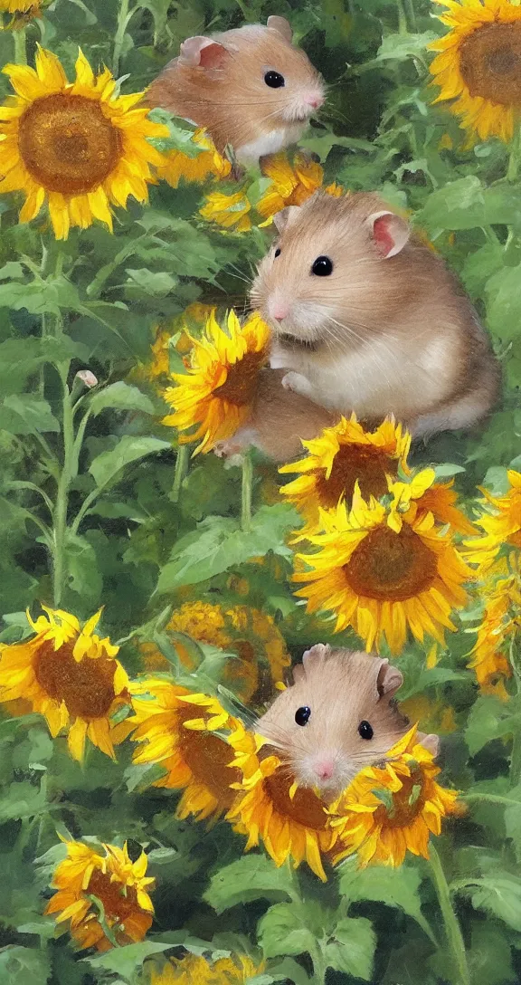 Image similar to a highly detailed beautiful portrait of a cute little hamster surrounded by beautiful sunflowers, by gregory manchess, james gurney, james jean