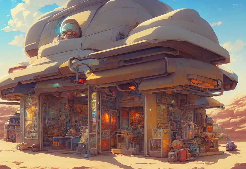 Image similar to a small chubby futuristic shop in the desert surrounded by two metal boxes, intricate oil painting, high detail illustration, sharp high detail, manga and anime 1 9 9 9, official fanart behance hd artstation by jesper ejsing and makoto shinkai, 4 k,