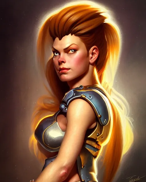 Image similar to brigitte from overwatch, fantasy, fantasy art, character portrait, portrait, close up, highly detailed, intricate detail, amazing detail, sharp focus, vintage fantasy art, vintage sci - fi art, radiant light, caustics, by boris vallejo