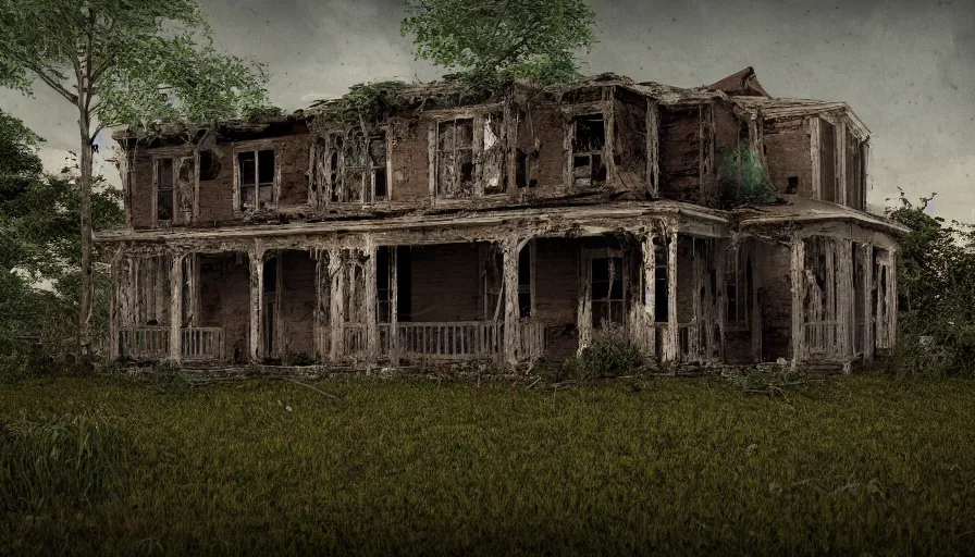 Prompt: old, ruined, abandoned American Midwestern house, seen from outside and overgrown by plants. First light of day falls upon the building. Scary, horror, ghost story. Dirt, leaves on ground. Octane render. Substance painter. Zbrush. Trending on artstation. 8K. Highly detailed.