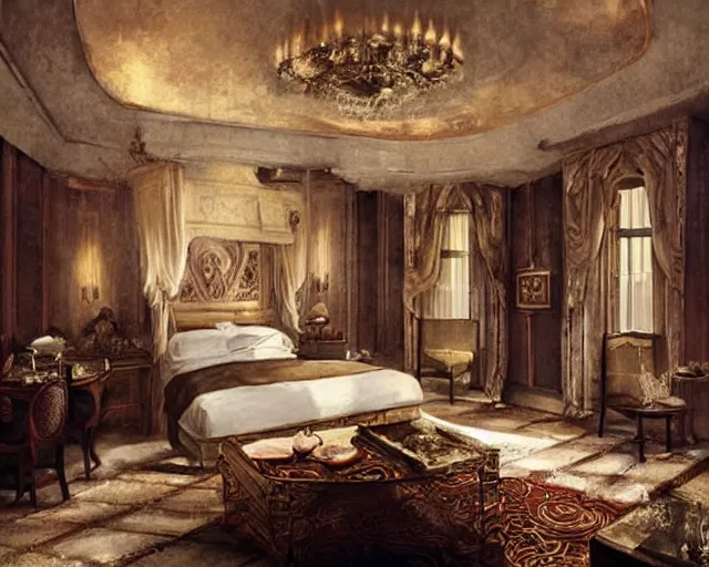 Image similar to a luxury hotel! suite room in the style of shakespearean! london!, art by greg rutkowski and artgerma, stunning! concept art, interior! design