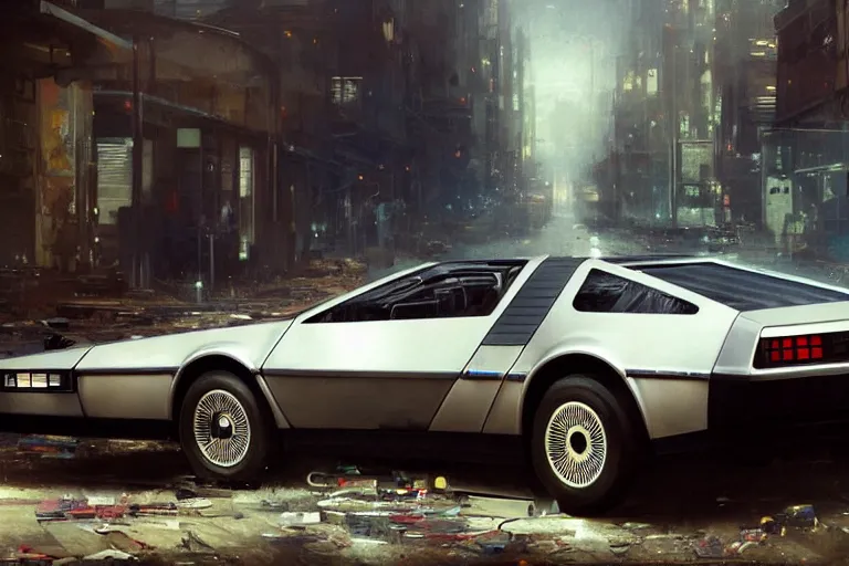 Image similar to photograph of the delorean, with a sleek spoiler, driving down the streets of a cyberpunk abandoned city, by greg rutkowski, by stanley artgerm, by alphonse mucha