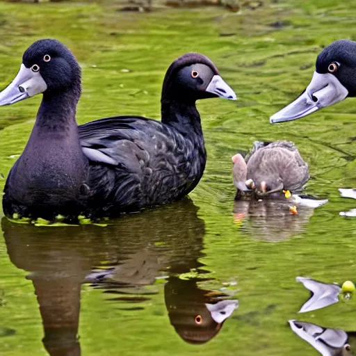 Prompt: family of coots next to a pond