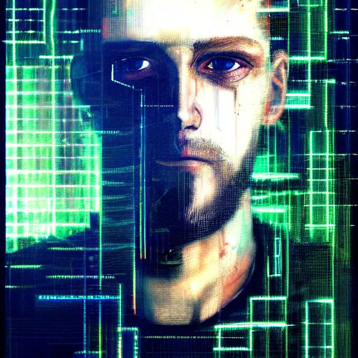 Prompt: hyperrealistic portrait of a cyberpunk hacker that can see the future, male, by Guy Denning, Johannes Itten, Russ Mills, glitch art, glitch eyes, hacking effects, glitch effects, cybernetics, digital sunglasses, detailed lines, chromatic, color blocking, oil on canvas, highly detailed, artistic, front view, symmetrical, octane, concept art, abstract, deep blue, 8k, cinematic, trending on artstation