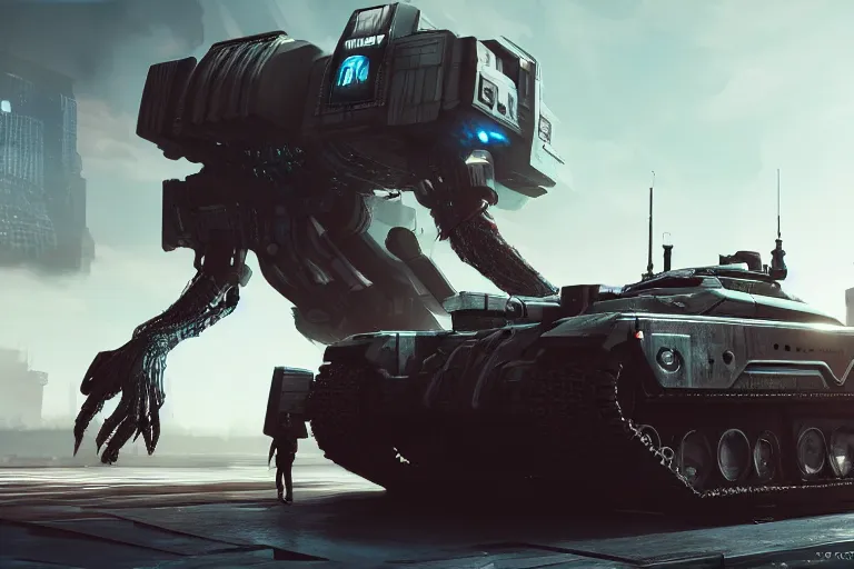 Image similar to cyberpunk alien concept inspired tank, futuristic look, highly detailed body, very powerful, photorealistic camera shot, bright studio setting, studio lighting, crisp quality and light reflections, unreal engine 5 quality render