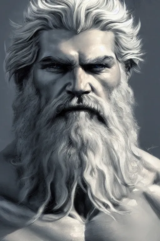 Image similar to painted portrait of rugged zeus, god of thunder, greek god, white hair, masculine, mature, handsome, upper body, muscular, hairy chest, fantasy, intricate, elegant, highly detailed, digital painting, artstation, concept art, smooth, sharp focus, illustration, art by gaston bussiere and craig mullins