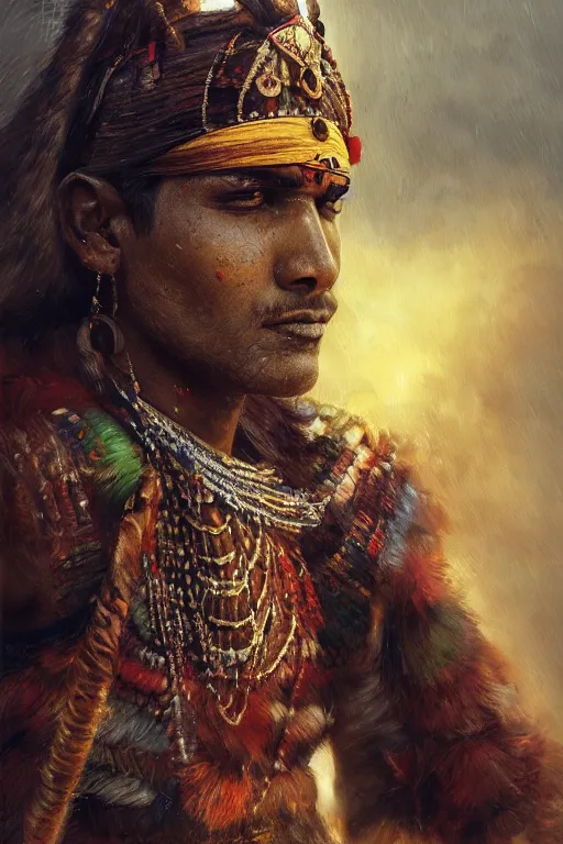 Image similar to indian warrior, close - up portrait, fierce, intricate, elegant, volumetric lighting, scenery, digital painting, highly detailed, artstation, sharp focus, illustration, concept art, ruan jia, steve mccurry