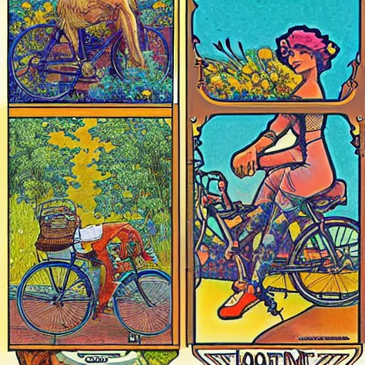 Image similar to hoffman bicycle trip, blotter art, in the style of robert crumb and lisa frank, studio ghibli, mucha, art nuevo, art deco, beautiful nature, serenity, cartoon