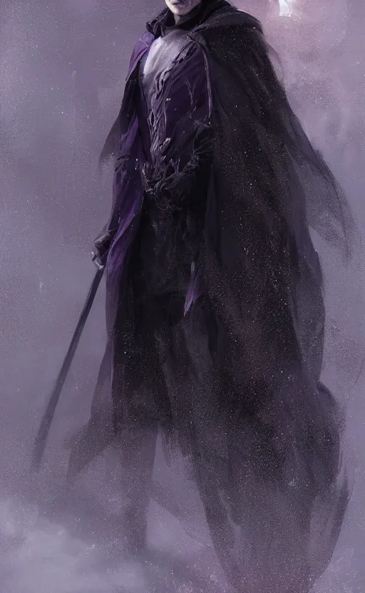 Prompt: portrait of a young man with glowing purple eyes, dressed in a black cloak, silver hair, detailed face, fantasy, highly detailed, cinematic lighting, digital art painting by greg rutkowski