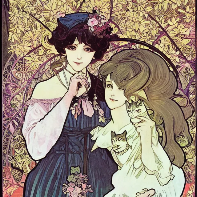 Prompt: gothic lolita and her cat companion. gouache manga artbook illustration by clamp and alphonse mucha.