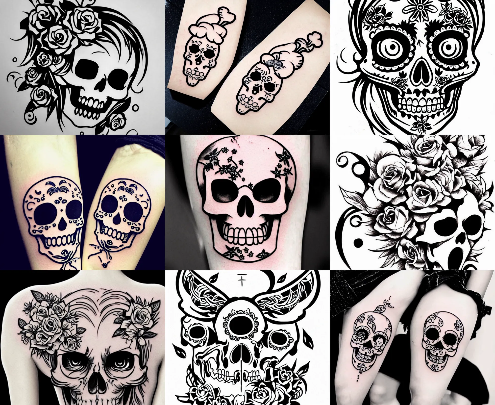 Image similar to detailed tattoo stencil bold lines, cute adorable lovely anime skull kawai