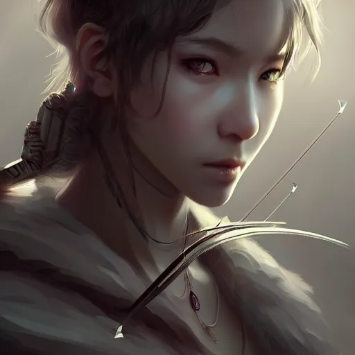 Prompt: beautiful extremely detailed intricate concept art depicting an archer by wlop. semi - realism. anime face. shining jewelry. grey atmosphere. particles in the background. bcy. net