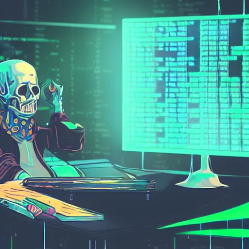 Image similar to a lich sitting in front of a computer writing code, phylactery in his other hand, cyberpunk style