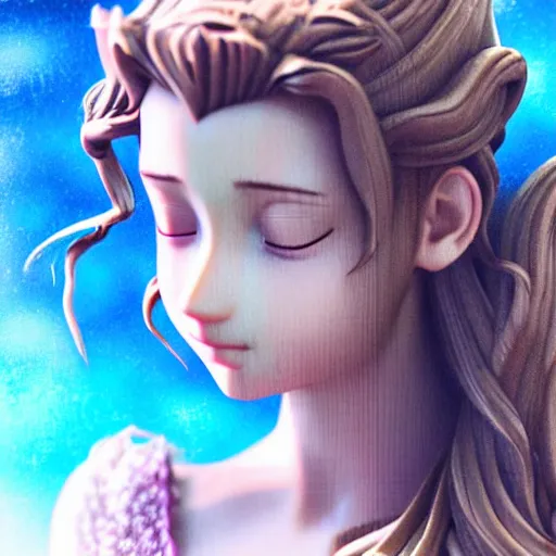 Image similar to daydreaming Aerith Gainsborough close-up portrait looking straight on, complex artistic color ink pen sketch illustration, full detail, gentle shadowing, fully immersive reflections and particle effects, chromatic aberration, statue.