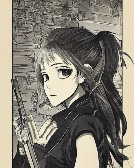 Image similar to portrait of a girl holding a pistol, detailed manga art panel, professional