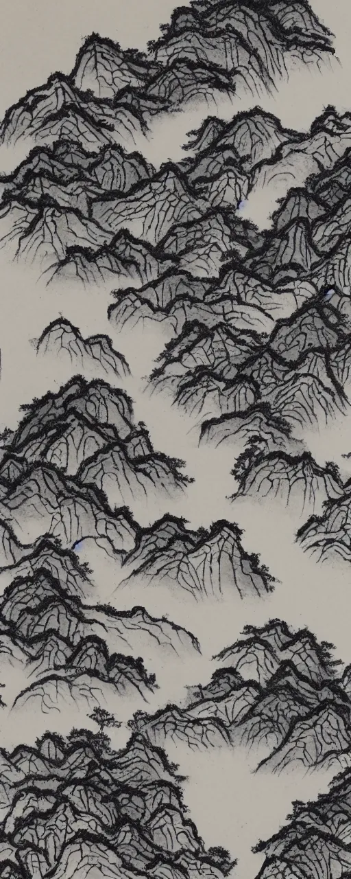 Image similar to beginning of autumn landscape, Traditional Chinese ink painting style.